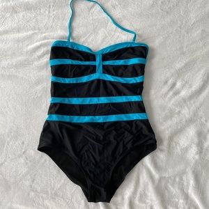 Charm Leaks XL black swimsuit with blue stripes, adjustable strap